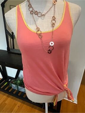Women’s Coral Tank Top with Yellow Trim and Side Tie